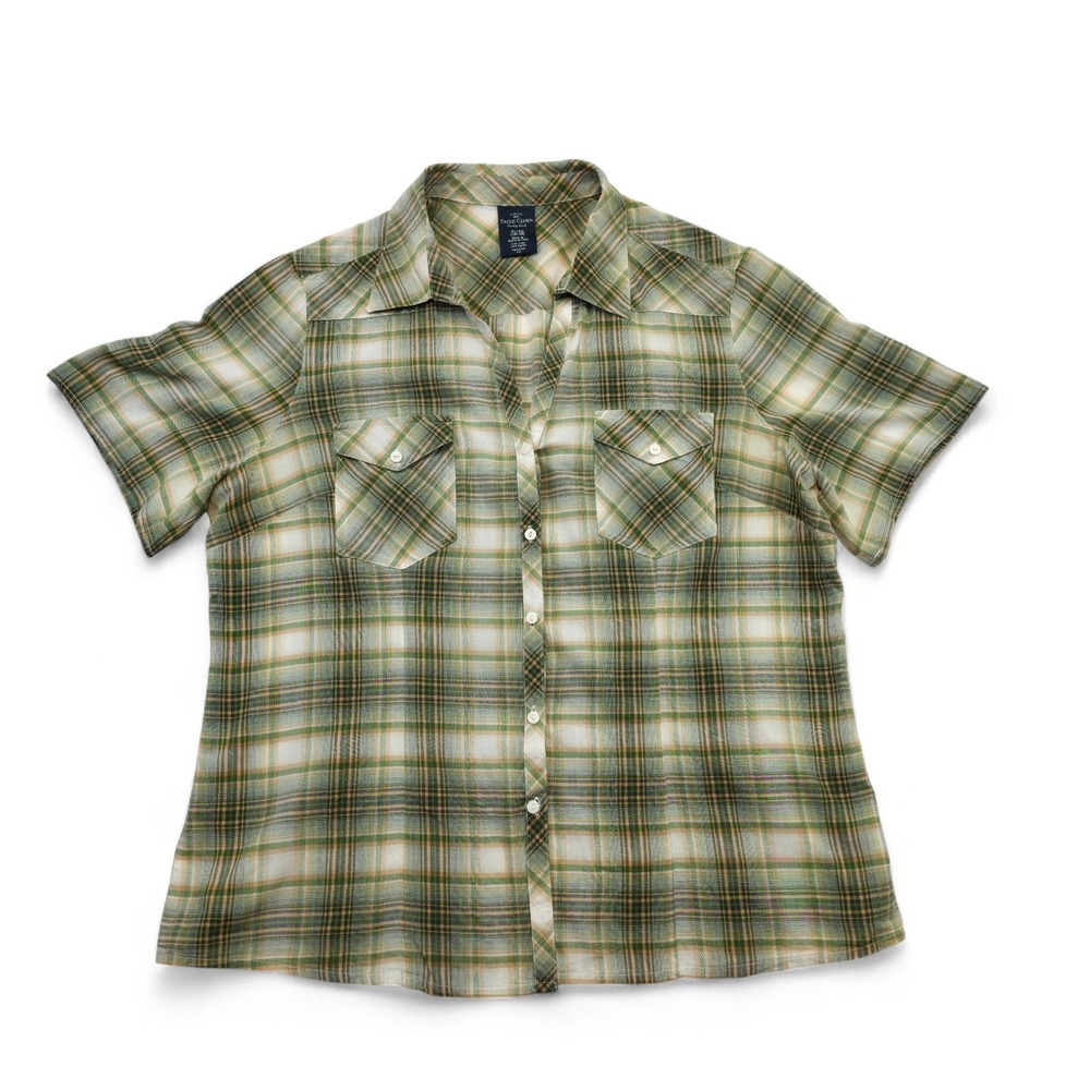 Faded Glory Girls Plaid Western Button Up Shirt XL Green Tan Cotton Retro Youth - Picture 1 of 6
